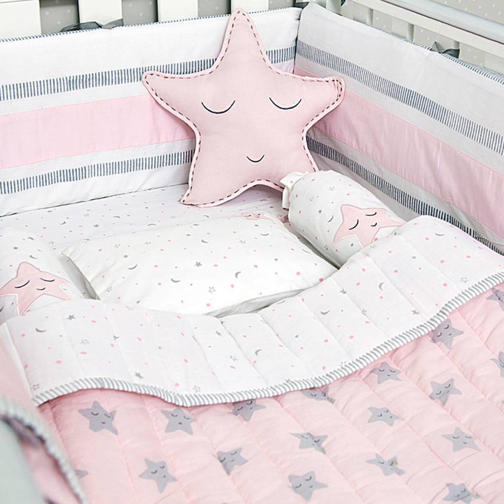 Sleepy Star Pink Cot Bedding Set For Babies | Nursery Essential | Organic Cotton | Set Of 6