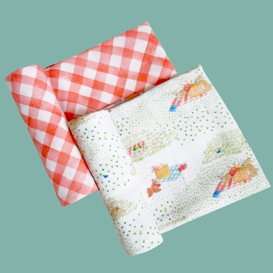 Picnic Check White & Red Swaddles For Babies | Nursery Essential | Bamboo Muslin | Set of 2