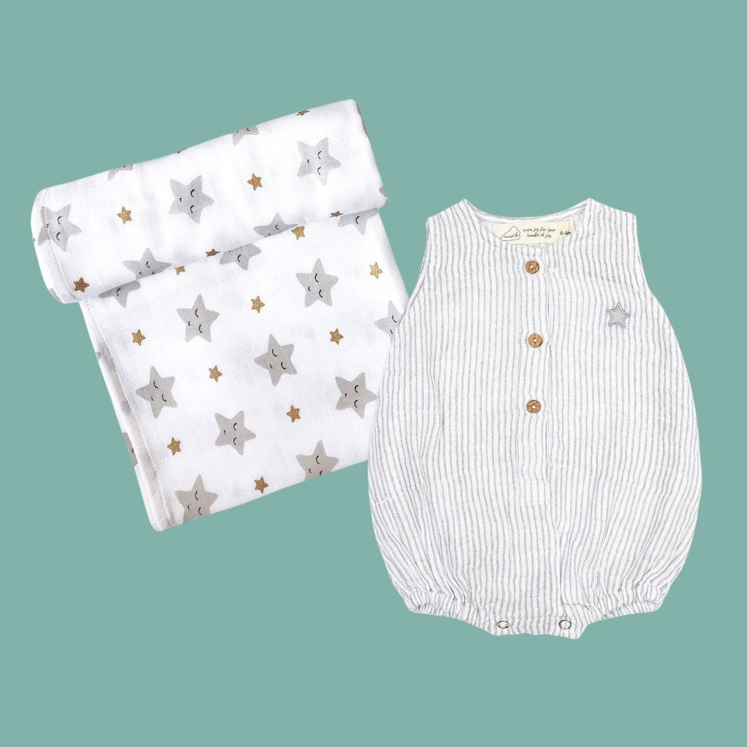 Star Printed Light Grey Classic  Snuggle Box For Babies | 100% Organic Muslin | Set Of 2