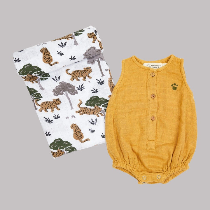 Tiger Printed Light Yellow Classic Snuggle Box For Babies | 100% Organic Muslin | Set Of 2