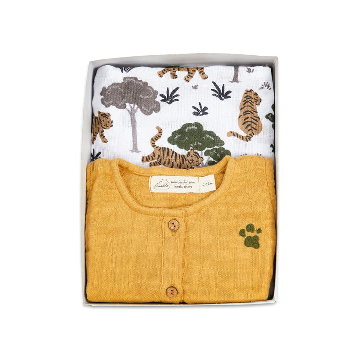 Tiger Printed Light Yellow Classic Snuggle Box For Babies | 100% Organic Muslin | Set Of 2