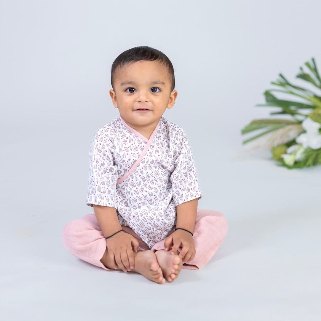 Hippo Printed Light Pink Kimono Loungewear For Babies | Organic Muslin | Set Of 2