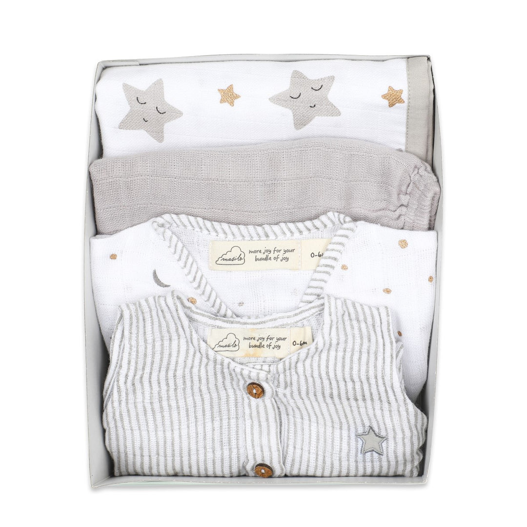 Hippo Printed Light Grey Snuggle Box For Babies | Baby Essentials | Organic Muslin | Set Of 4