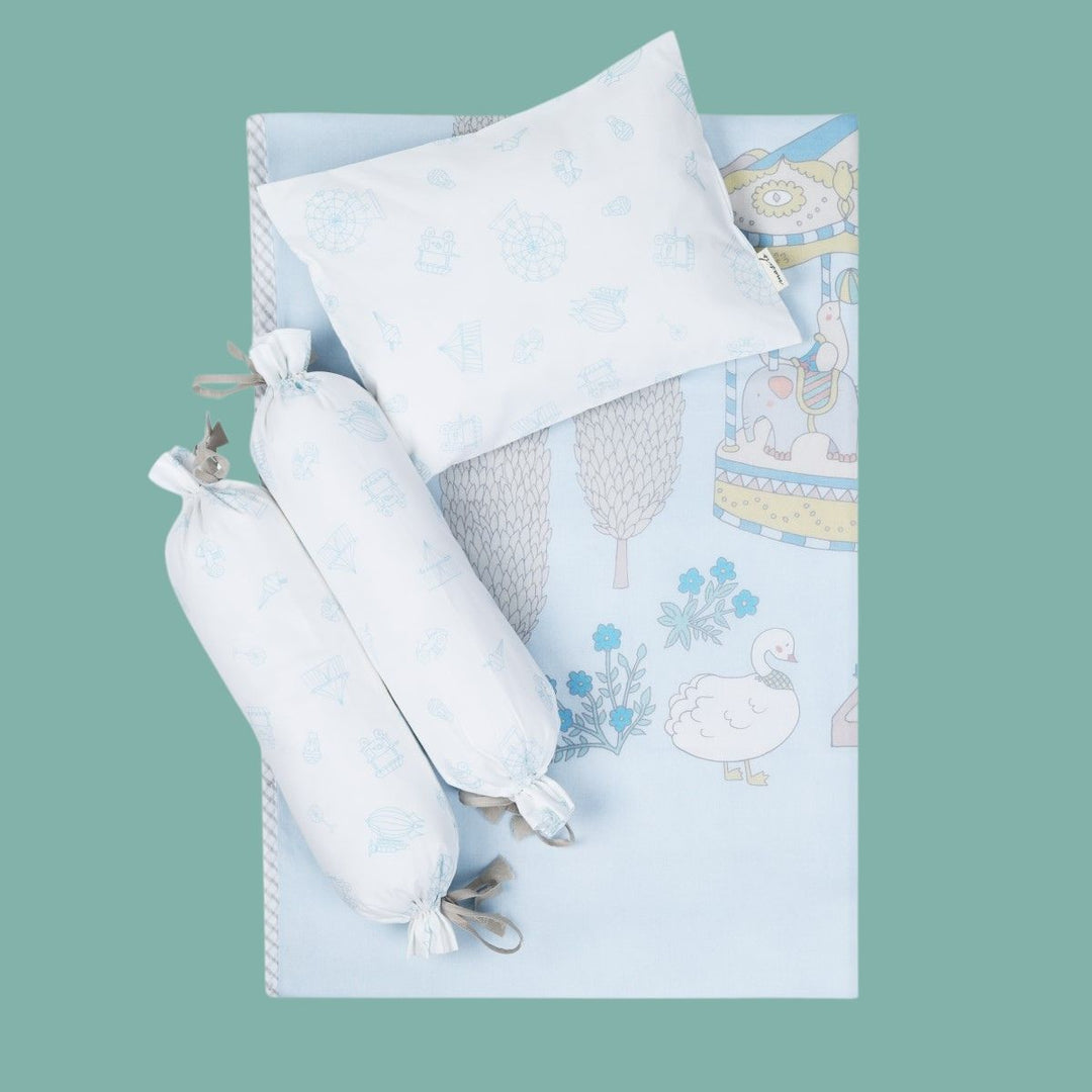 Printed Mini Cot Bedding Set For Babies | Nursery Essential Set | Organic Cotton | Blue | Set Of 4