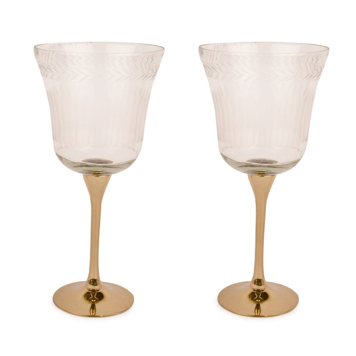 Gold Finish Brass & Glass Goblets | Dining Room Decor | Artisanal | Hand-Crafted | Set Of 2 | 8.8 Inch