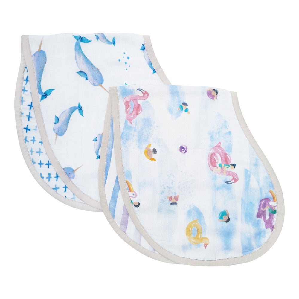 Printed White & Blue All-In-One Burp & Bib Cloth For Babies | Bamboo Muslin | Pack of 2