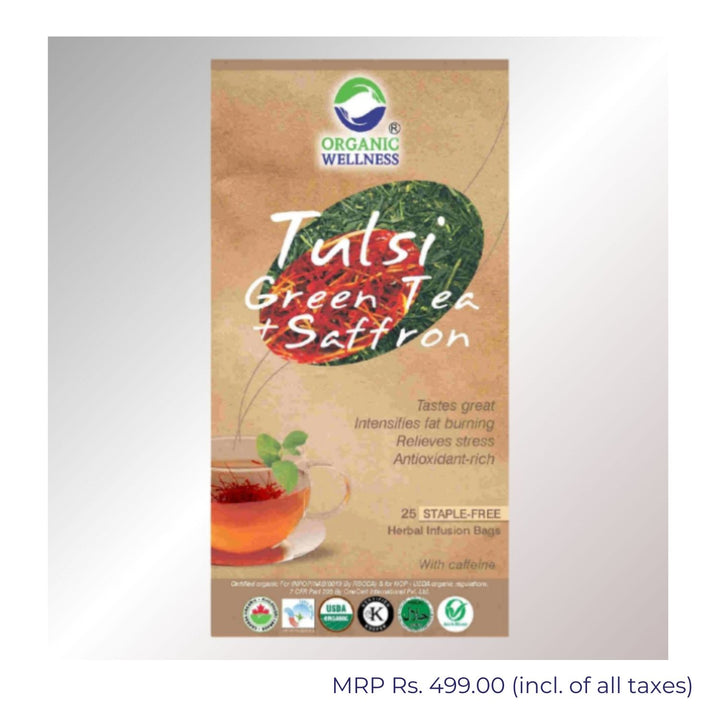 Tulsi Green Tea + Saffron | Caffeine Free | 25 Staple Free Tea Bags