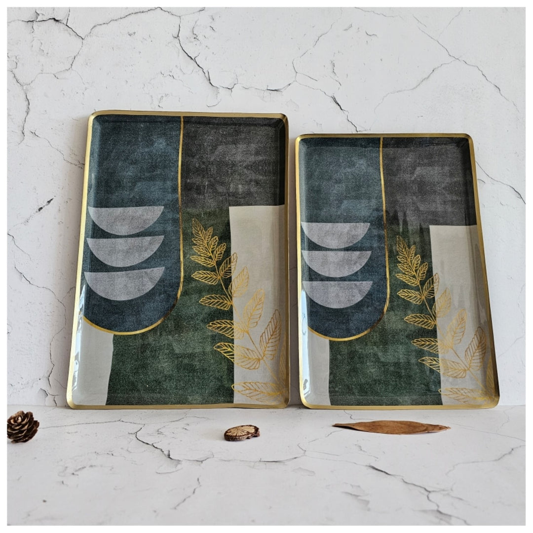 Abstract Gold Leaf Metal Rectangular Platter | Elegant Dining Decor | Set Of 2