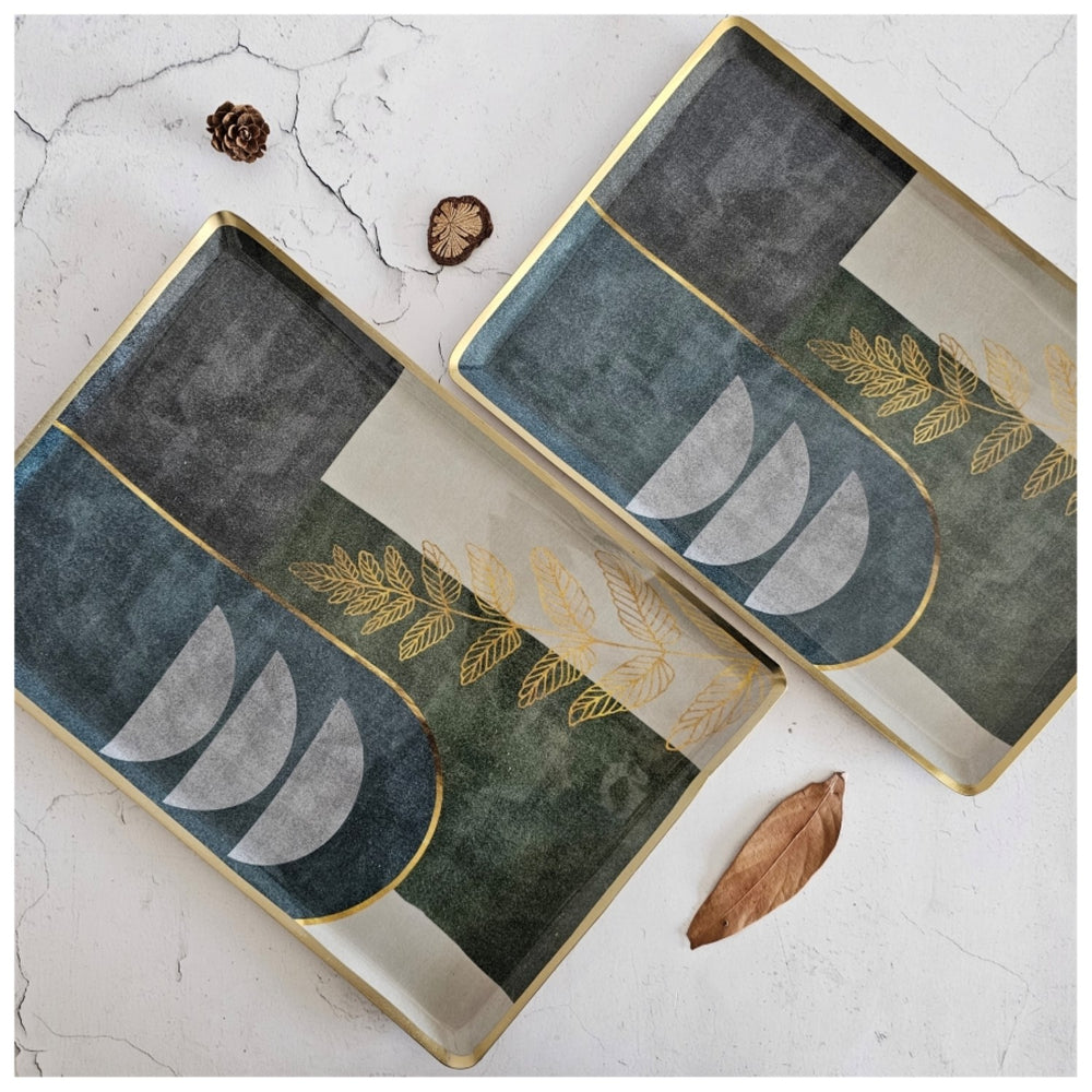 Abstract Gold Leaf Metal Rectangular Platter | Elegant Dining Decor | Set Of 2