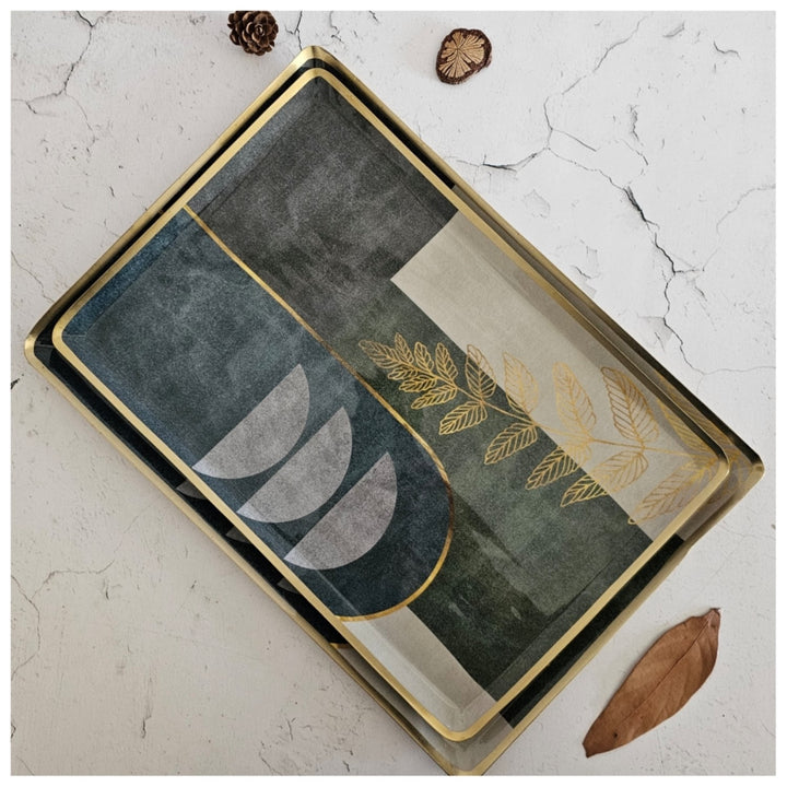 Abstract Gold Leaf Metal Rectangular Platter | Elegant Dining Decor | Set Of 2