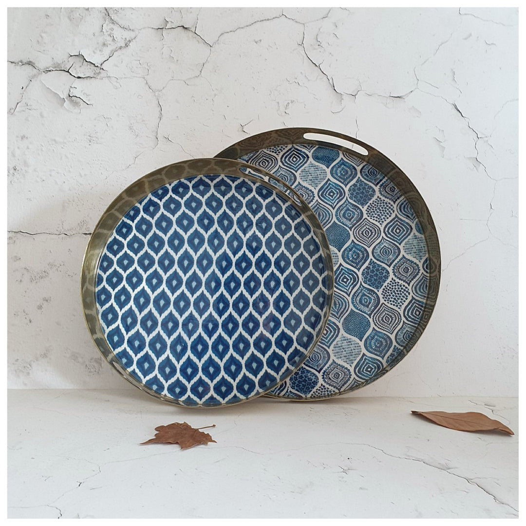 Blue Ikat & Palm Mandala Round Handle Cut Metal Tray | Ethnic Decor | Set Of 2