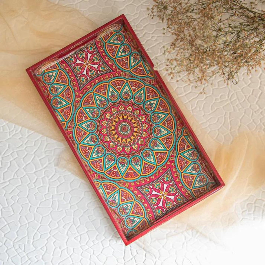 Mandala Printed Servicing Tray | Hand-Crafted | Mango Wood | Bright Red 
