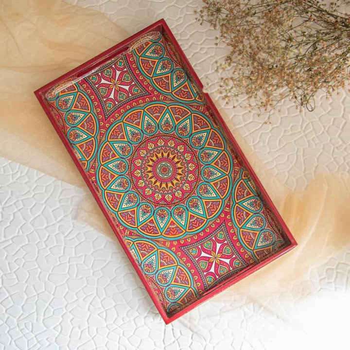 Mandala Printed Servicing Tray | Hand-Crafted | Mango Wood | Bright Red 