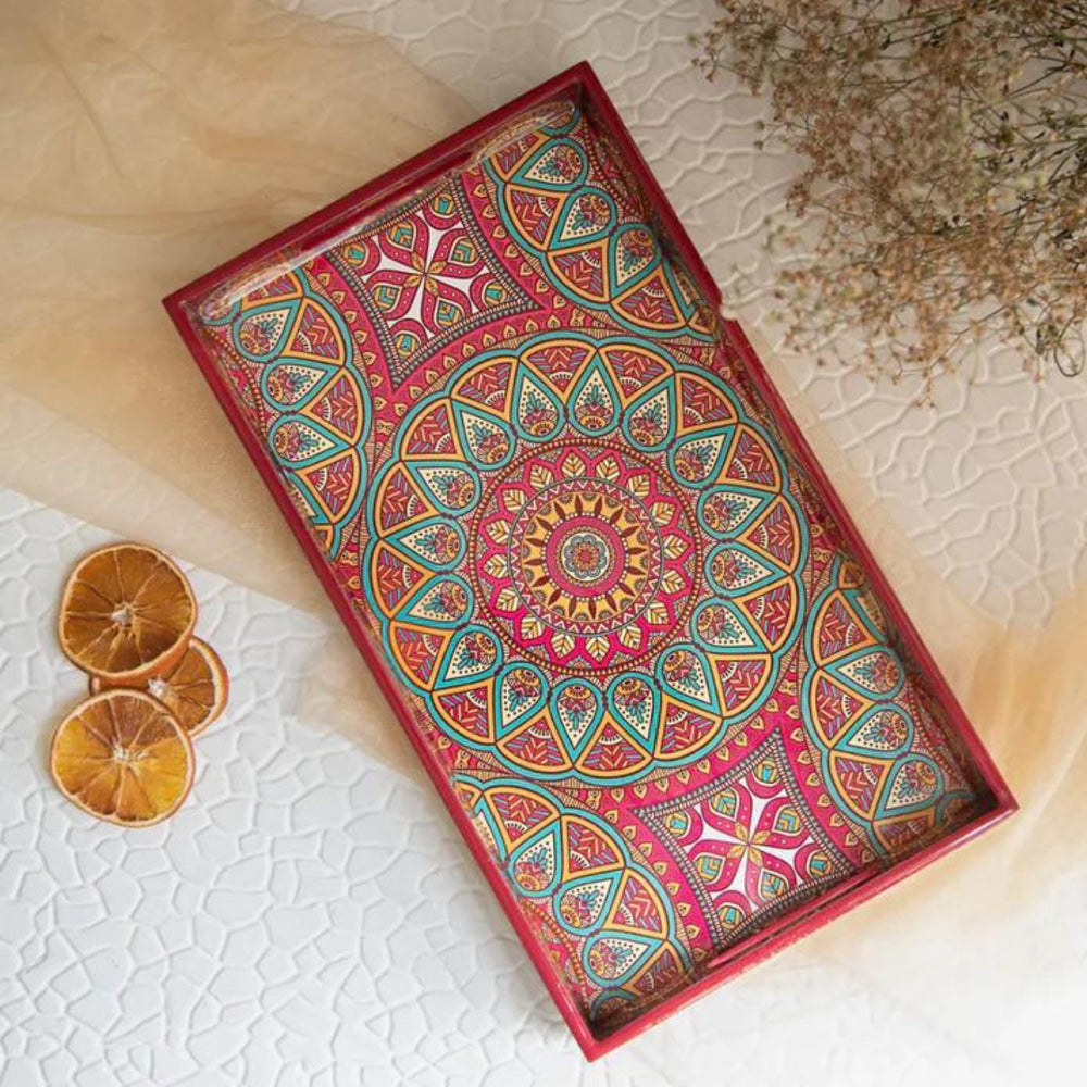 Mandala Printed Servicing Tray | Hand-Crafted | Mango Wood | Bright Red 