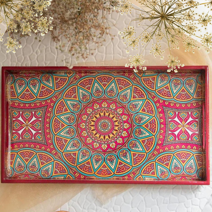 Mandala Printed Servicing Tray | Hand-Crafted | Mango Wood | Bright Red  