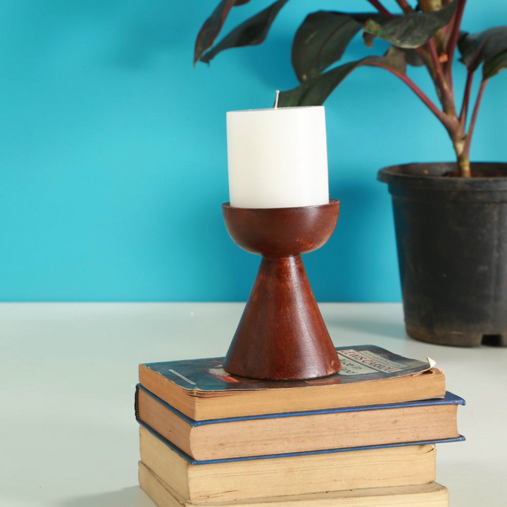 Wooden Conical Candle Holder | Table Top Accent | Festive Decor | Hand-Made | Walnut Brown | 5"