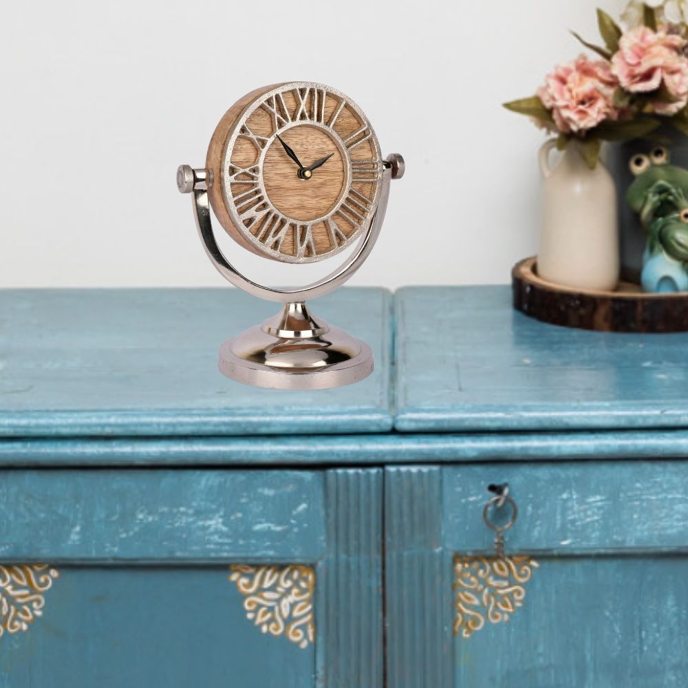 Table Top Table Clock | Antique Style Table Accent | Hand-Crafted | Natural Wood With Nickel Finish | 9.4 Inch