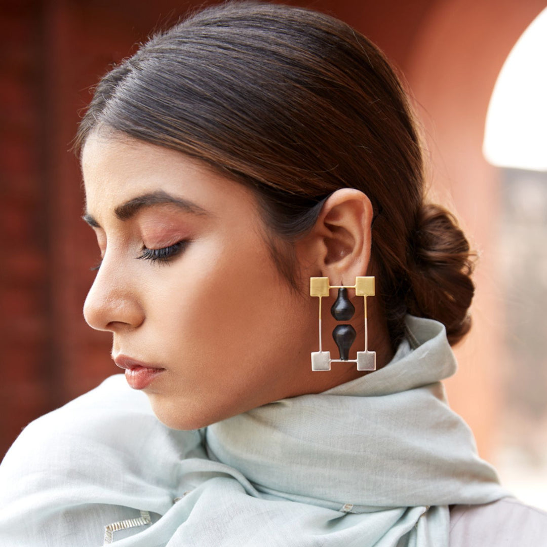 Mehrab Gold & Silver Earring | Crafted With Black Pottery | Elegant Design