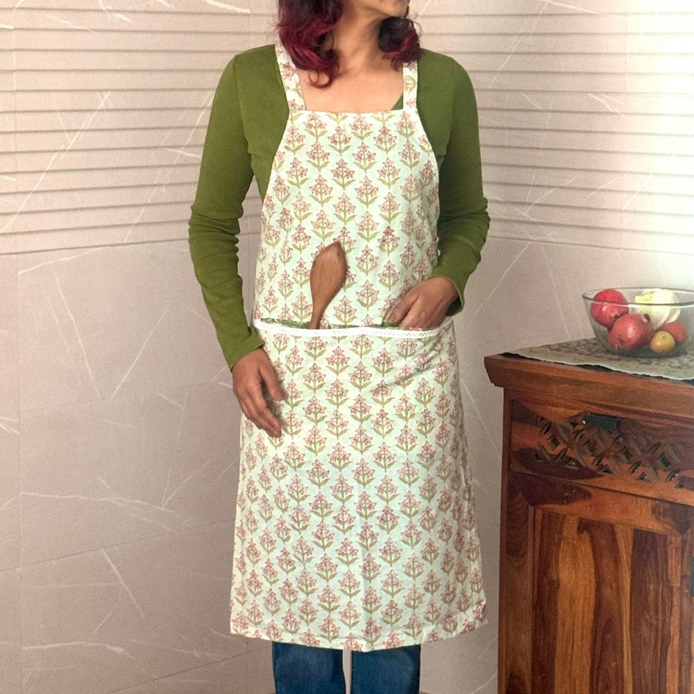 Mint Green Sanganeri Floral Block-Print Apron with Front Pockets | Cotton