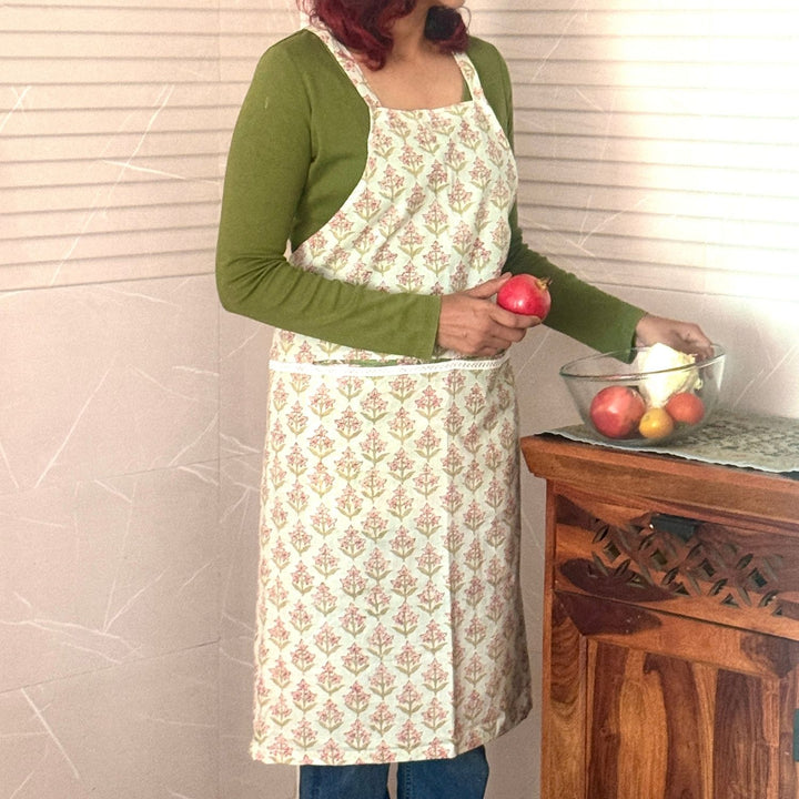 Mint Green Sanganeri Floral Block-Print Apron with Front Pockets | Cotton