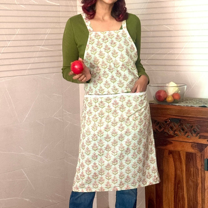 Mint Green Sanganeri Floral Block-Print Apron with Front Pockets | Cotton