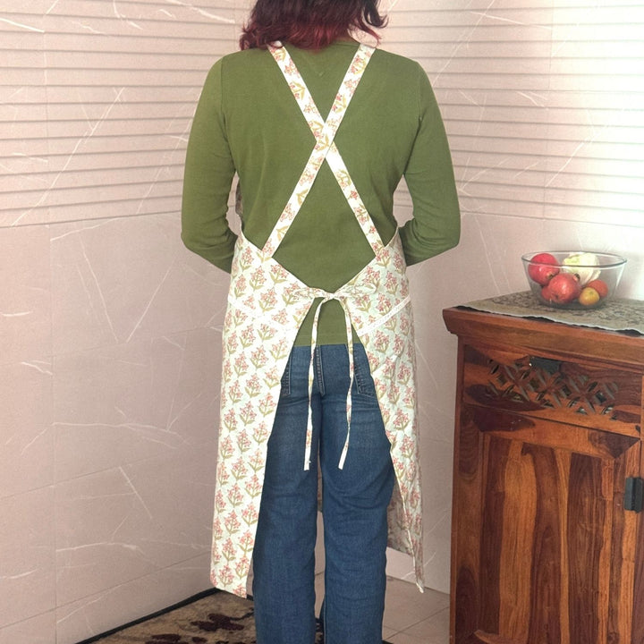 Mint Green Sanganeri Floral Block-Print Apron with Front Pockets | Cotton