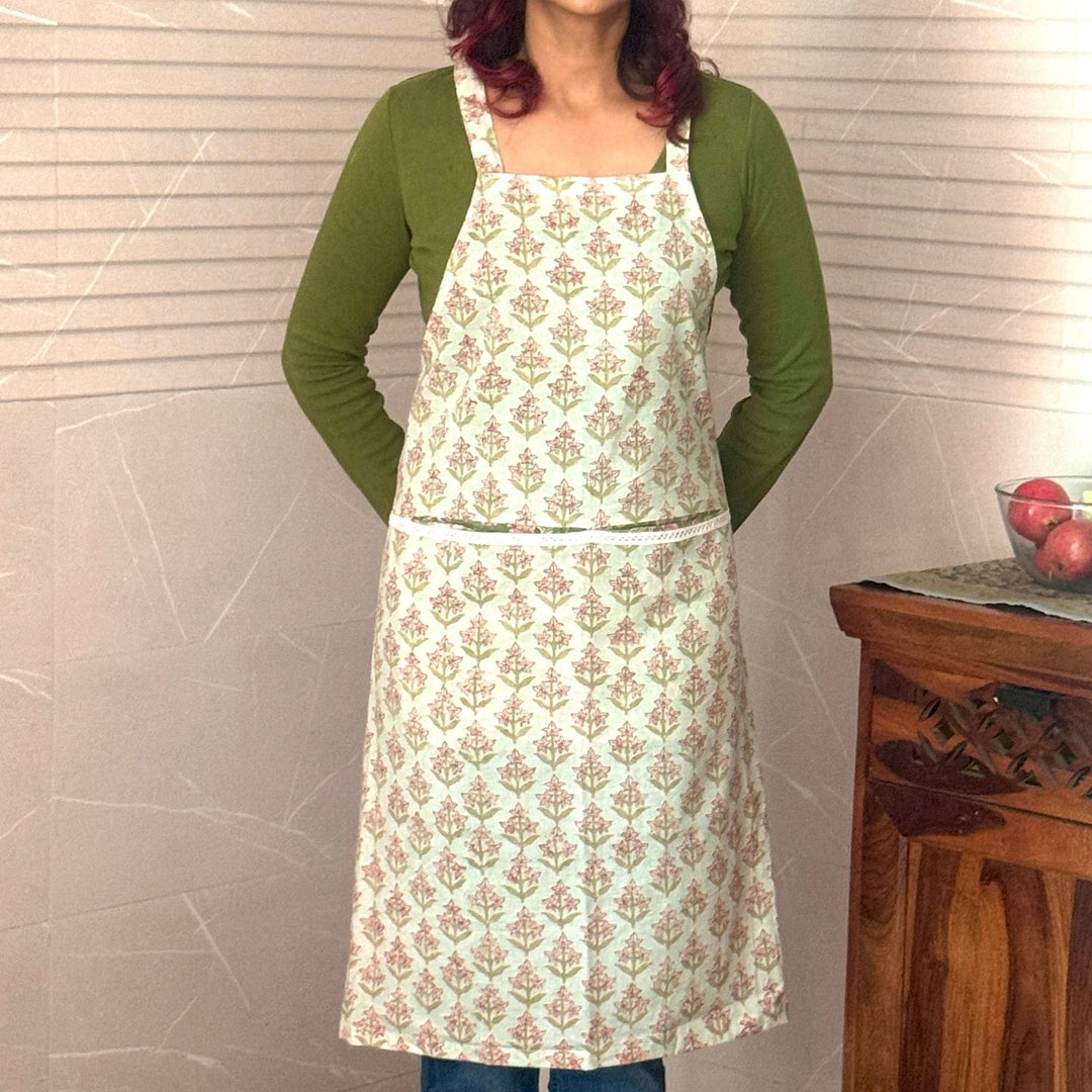 Mint Green Sanganeri Floral Block-Print Apron with Front Pockets | Cotton