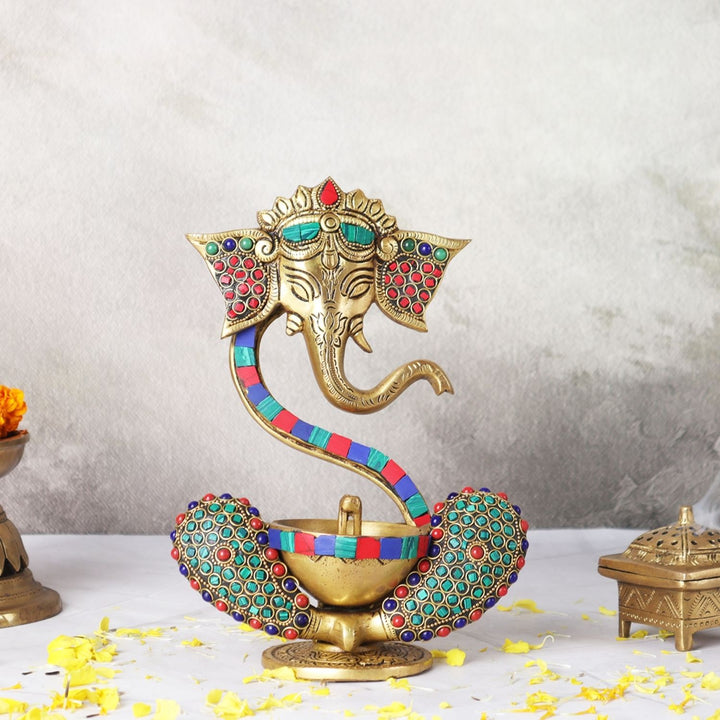 Mosaic Ganesha Idol With Akhand Pooja Diya | Spiritual Decor And Gifting | 8"