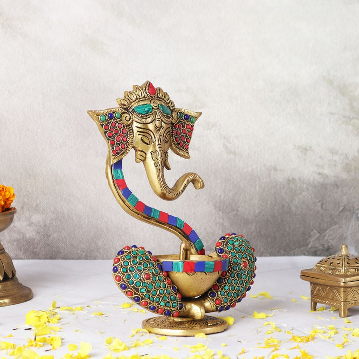 Mosaic Ganesha Idol With Akhand Pooja Diya | Spiritual Decor And Gifting | 8"