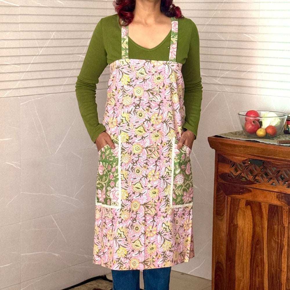 Multi-colour Floral Block-Print Apron with Side Pockets | Hand-Crafted | Cotton