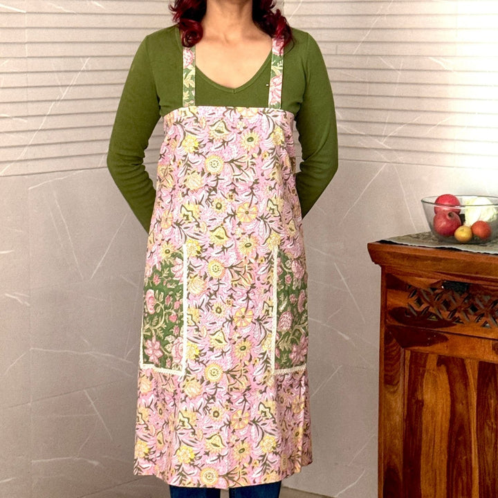 Multi-colour Floral Block-Print Apron with Side Pockets | Hand-Crafted | Cotton