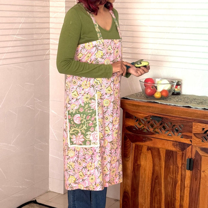Multi-colour Floral Block-Print Apron with Side Pockets | Hand-Crafted | Cotton