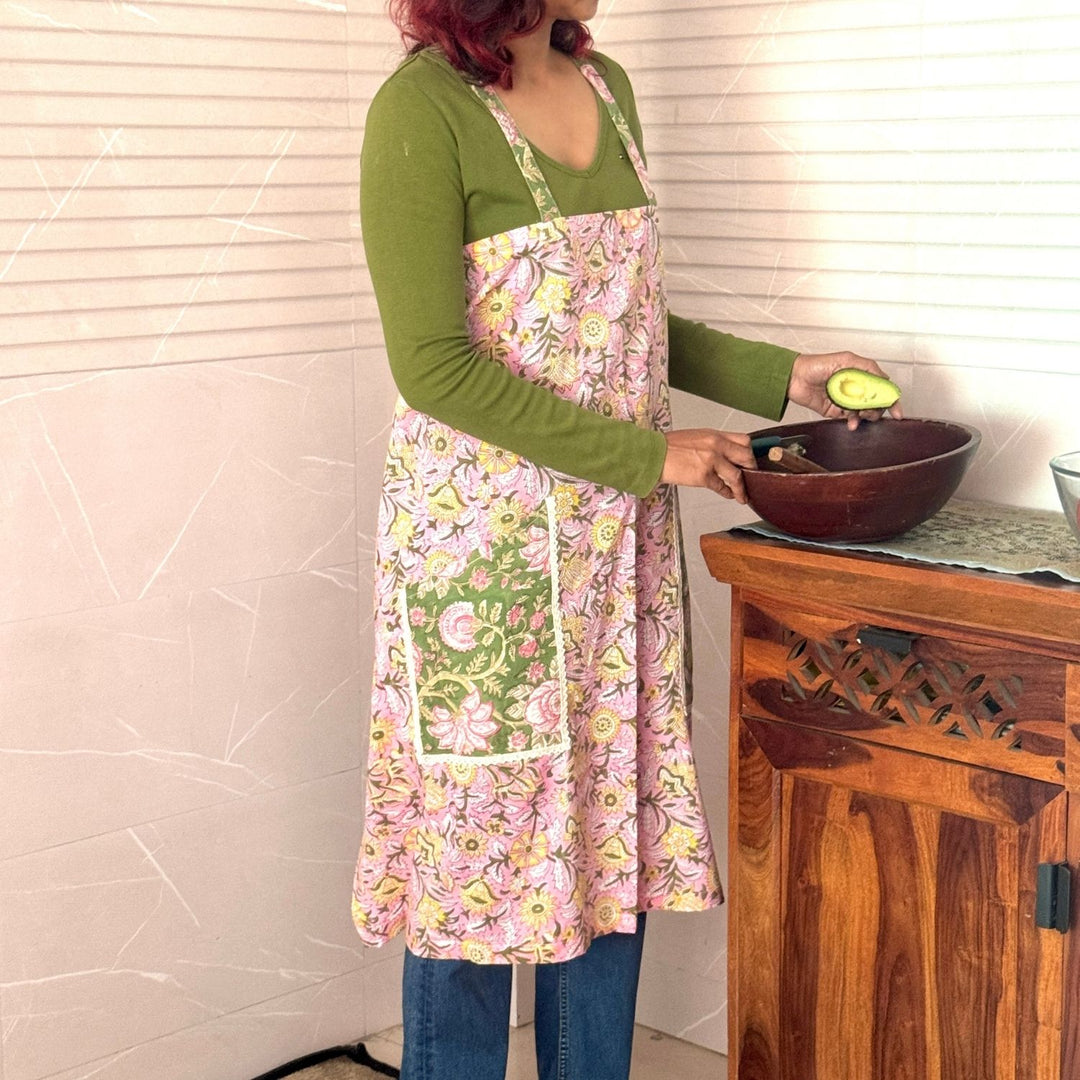 Multi-colour Floral Block-Print Apron with Side Pockets | Hand-Crafted | Cotton