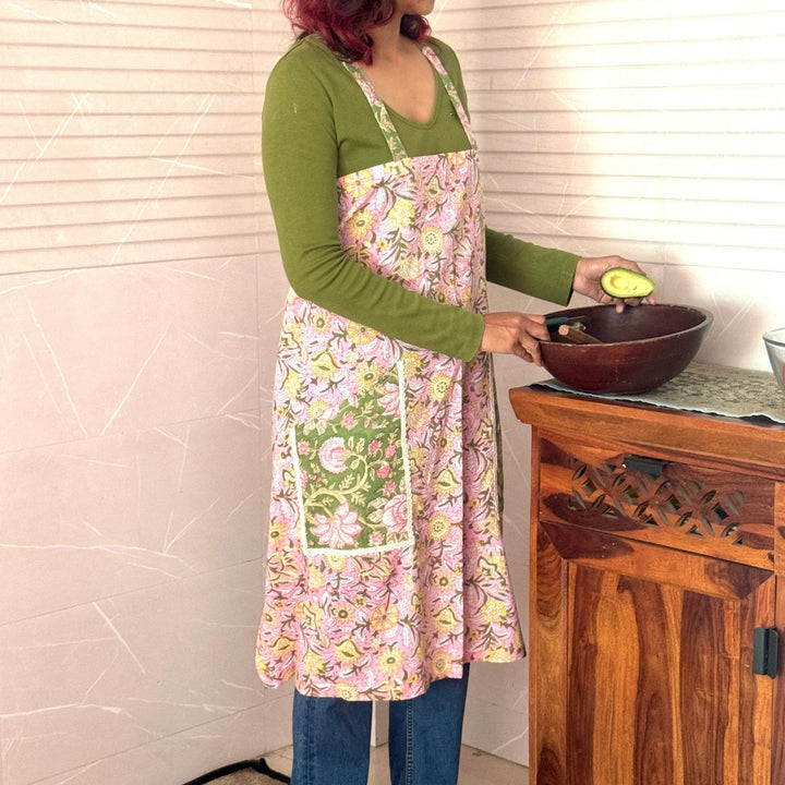 Multi-colour Floral Block-Print Apron with Side Pockets | Hand-Crafted | Cotton