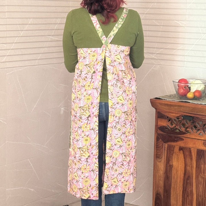 Multi-colour Floral Block-Print Apron with Side Pockets | Hand-Crafted | Cotton