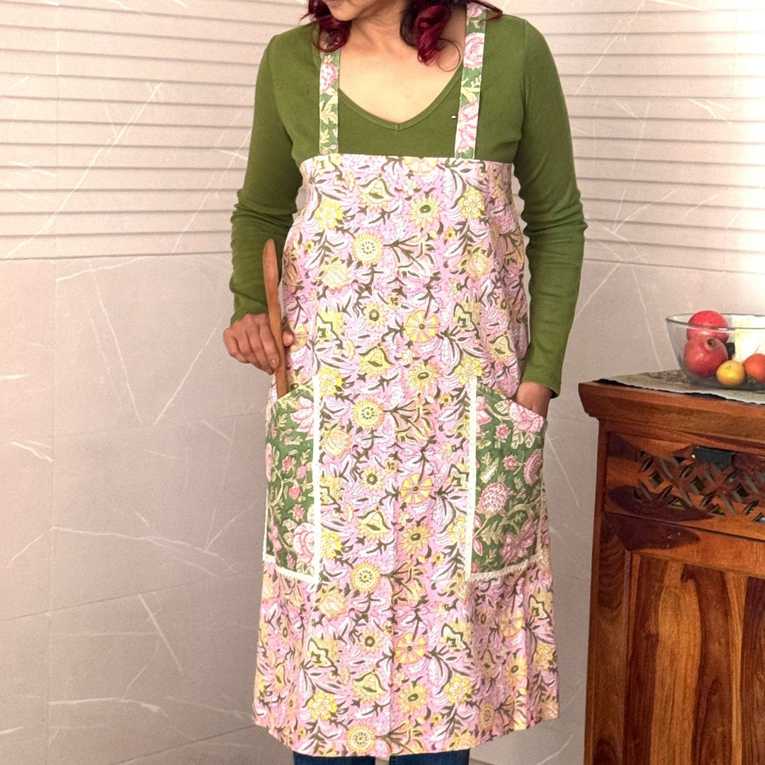 Multi-colour Floral Block-Print Apron with Side Pockets | Hand-Crafted | Cotton