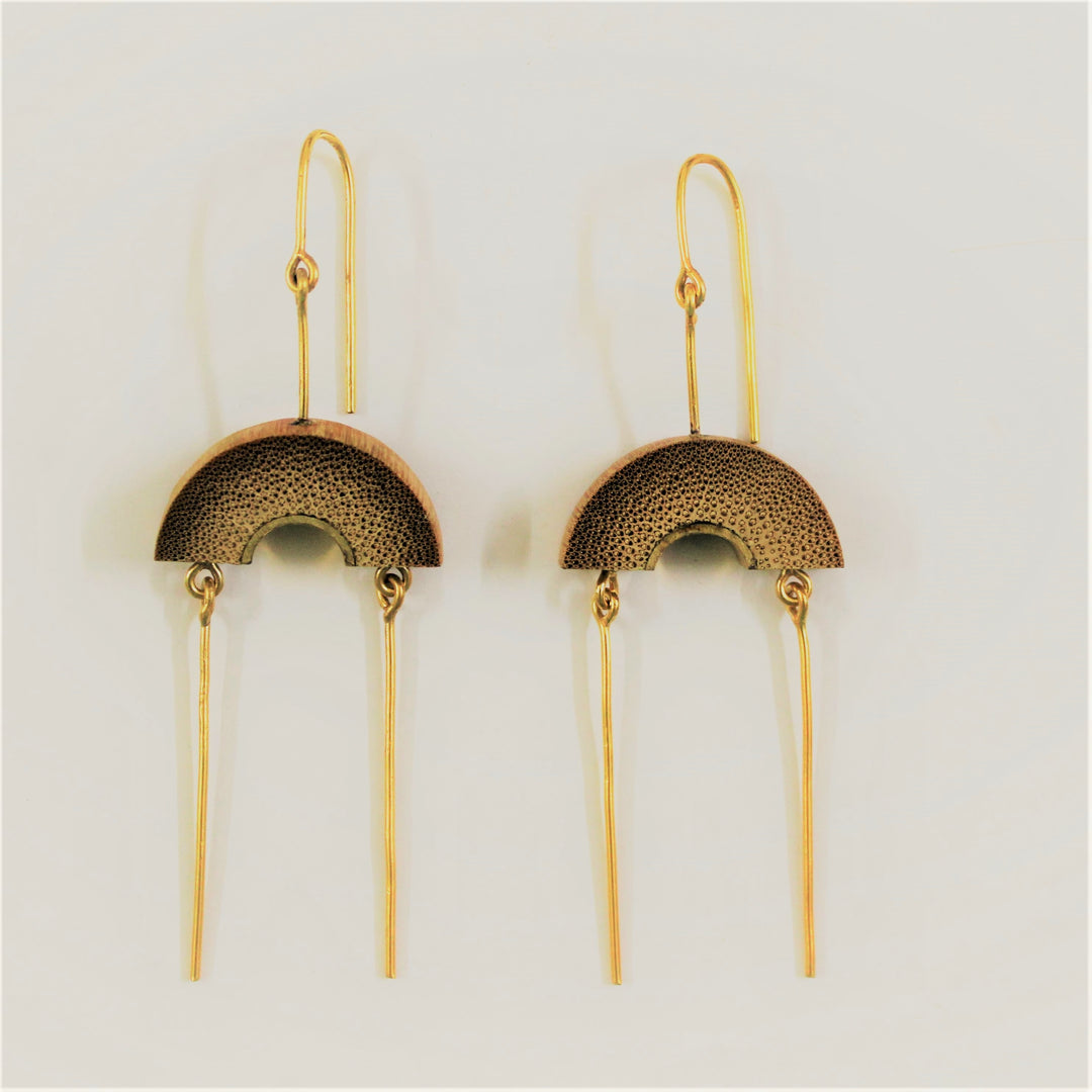 Earthy Brown Ear Dangle | Gold Plated Recycled Brass | Disc Shape Designed of Bamboo