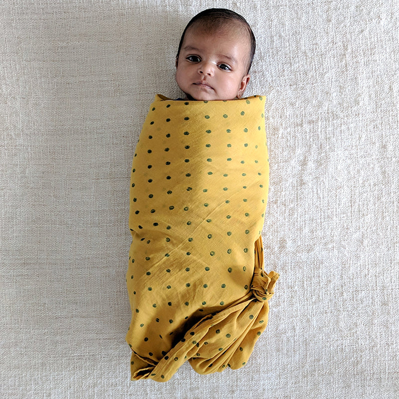 Mustard Yellow Pillow & Swaddle For Baby | Soft Cotton | Hand-Block Print