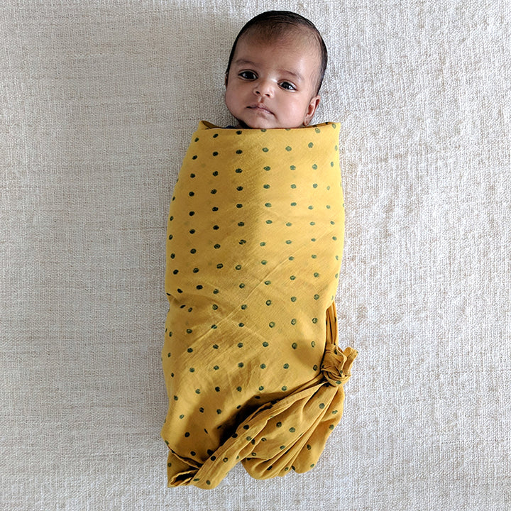 Mustard Yellow Pillow & Swaddle For Baby | Soft Cotton | Hand-Block Print