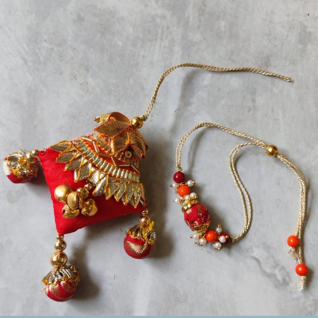 Noor Gota Patti Rakhi And Lumba Set | Designer Handmade Rakhi | Red & Golden