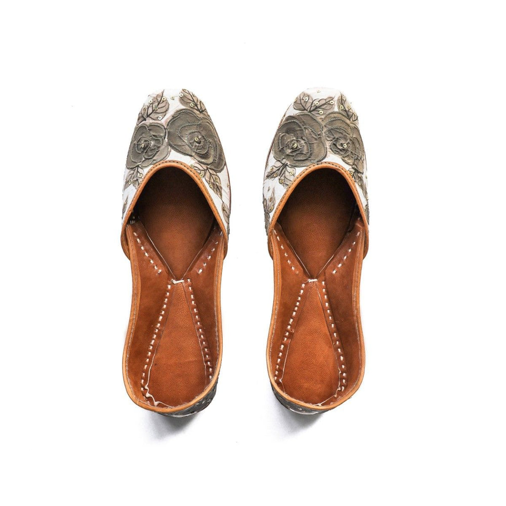 Oatmeal Black  Rose Women Jutti | Hand-Painted on Silk