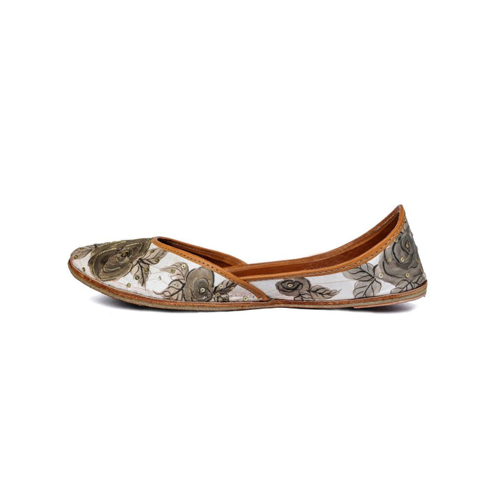 Oatmeal Black  Rose Women Jutti | Hand-Painted on Silk