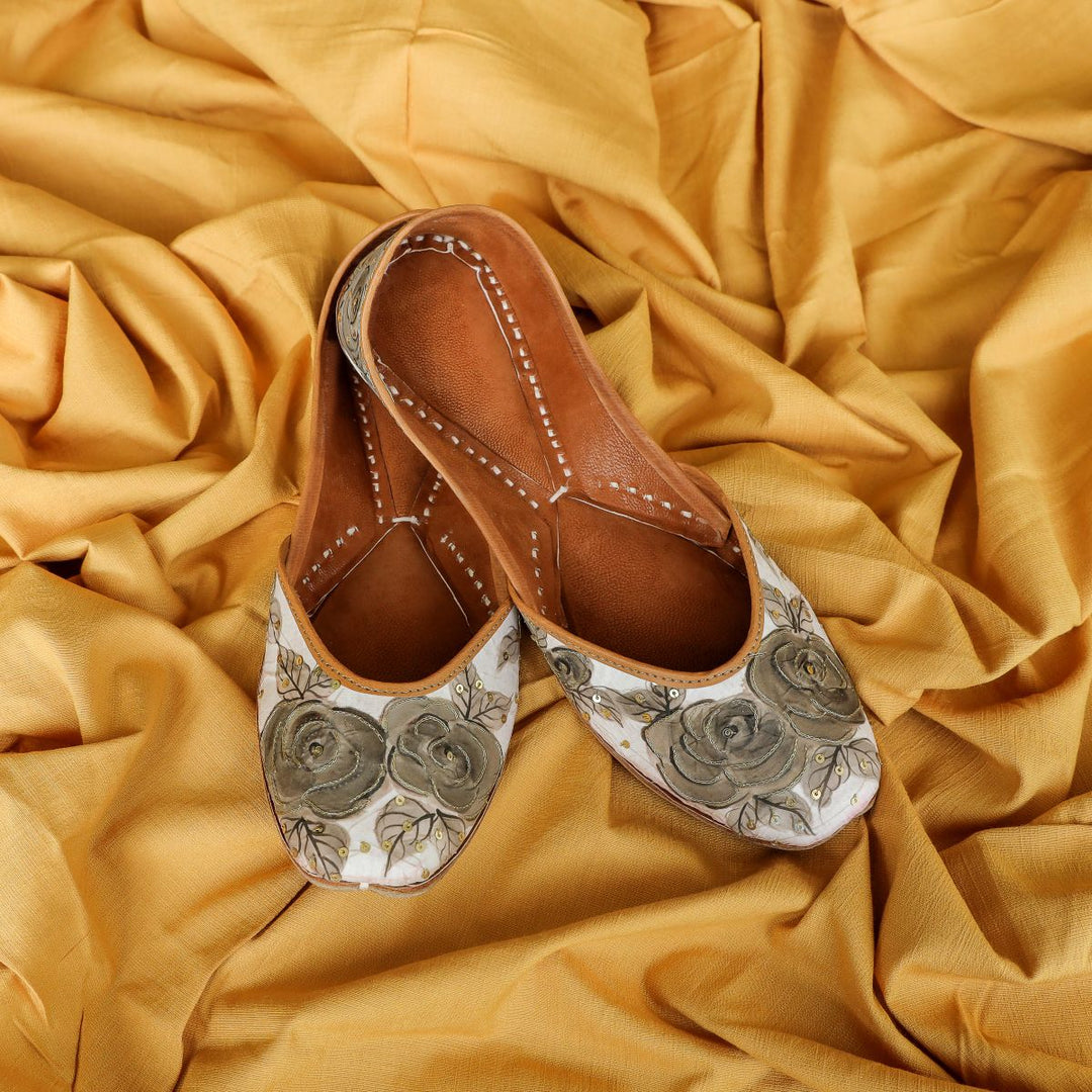 Oatmeal Black  Rose Women Jutti | Hand-Painted on Silk