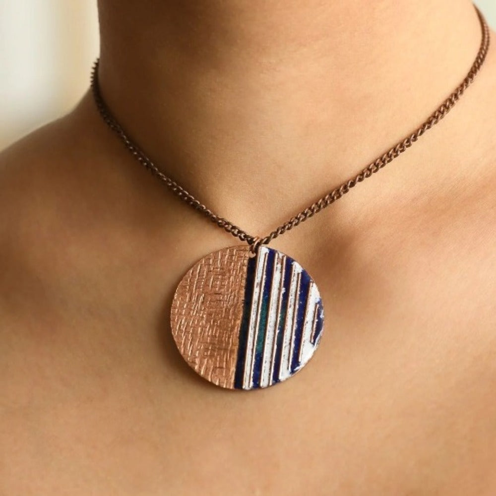 Crinkle Copper Enamel Pendant Necklace | Hand-crafted | Ocean