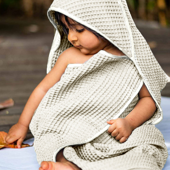 Off-White Waffle Hooded Towel For Kids | Cotton | Set of 3