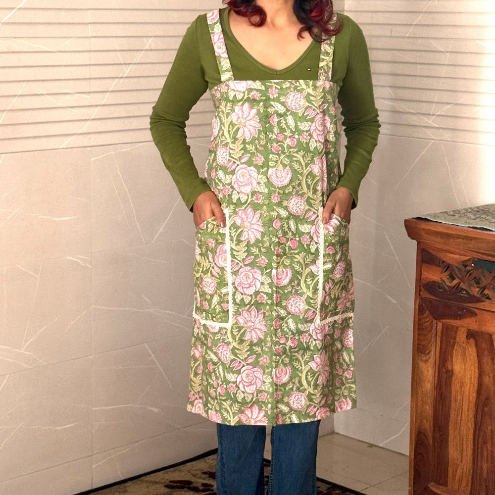 Olive Green & Pink Floral Block-Print Apron with Side Pockets | Cotton