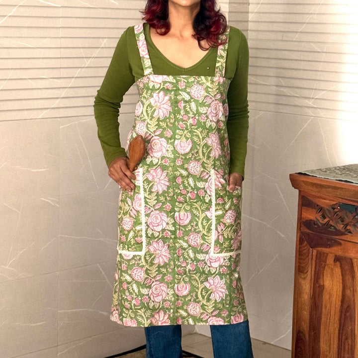 Olive Green & Pink Floral Block-Print Apron with Side Pockets | Cotton