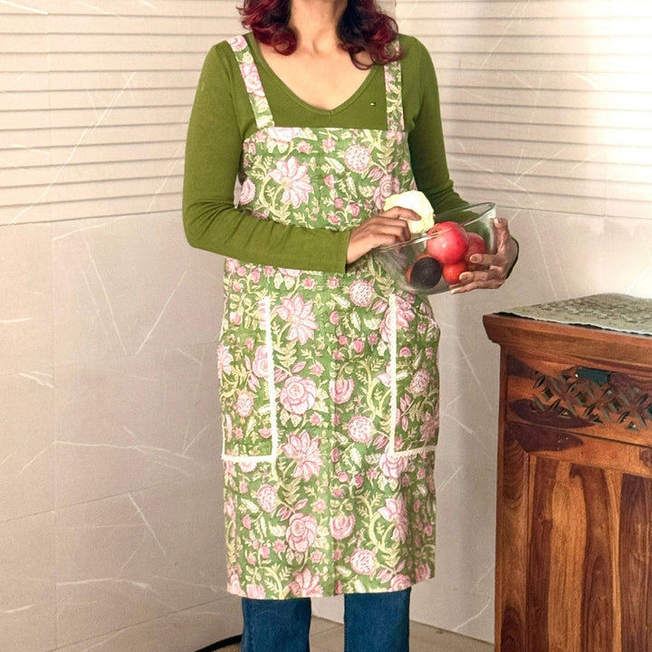 Olive Green & Pink Floral Block-Print Apron with Side Pockets | Cotton