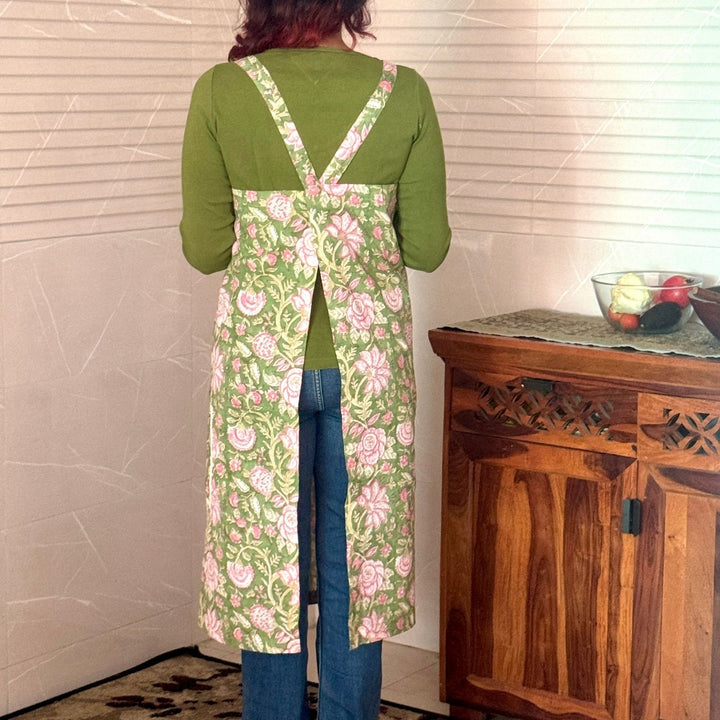 Olive Green & Pink Floral Block-Print Apron with Side Pockets | Cotton
