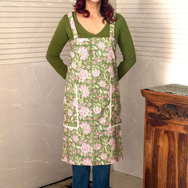 Olive Green & Pink Floral Block-Print Apron with Side Pockets | Cotton